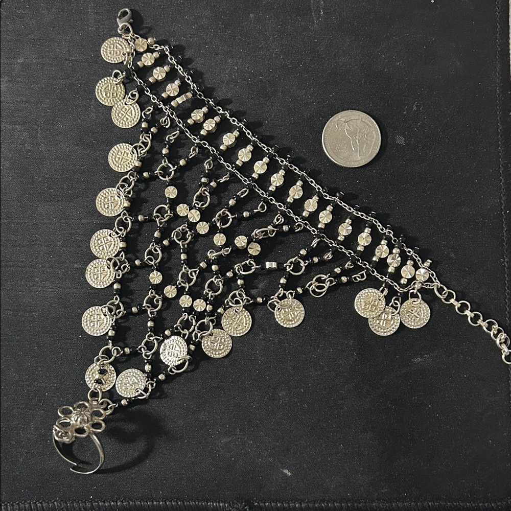 Handmade Bohemian Silver-Tone Coin Layered Bracelet/Ring